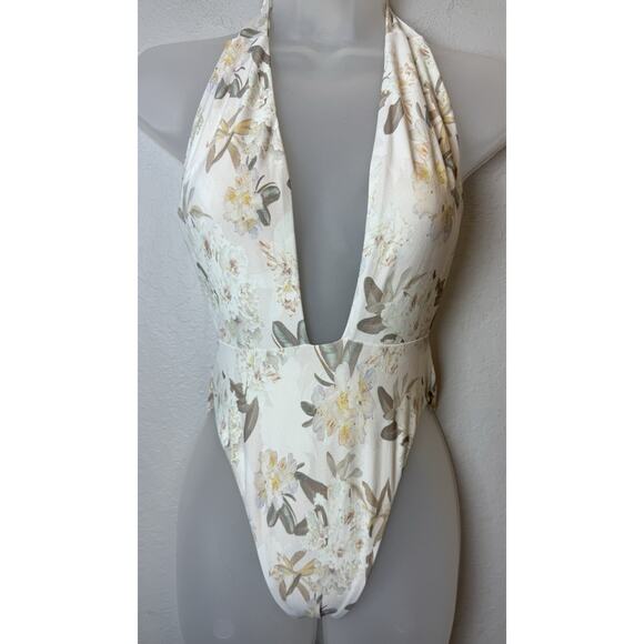 Montce Swim Swimsuit One Piece Plunging Neckline Halter Neutral Floral Size XS - Picture 1 of 3